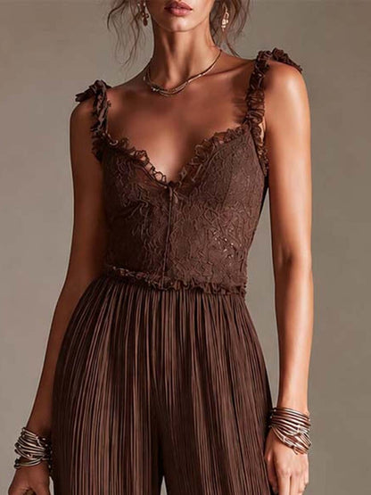 Bohemian Brown Lace Bustier And Pleated Chiffon Balloon Jumpsuit