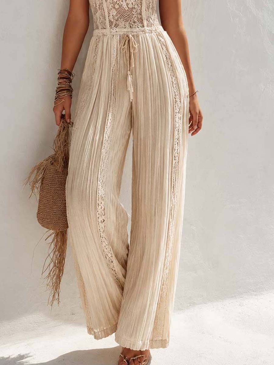 Bohemian Cream Lace Corset And Pleated Wide-Leg Jumpsuit