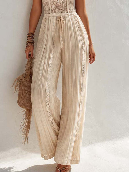 Bohemian Cream Lace Corset And Pleated Wide-Leg Jumpsuit