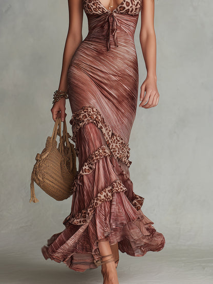 Boho Leopard Print Ruffle-Trimmed Sleeveless Maxi Dress