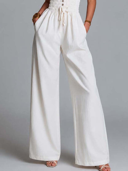 White Cotton Blend Ruffled Strap Smocked Wide-Leg Jumpsuit