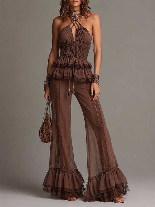 Mocha Brown Sheer Chiffon Lace-Trimmed Halter Two-Piece Set