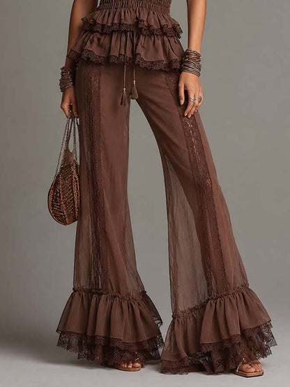 Mocha Brown Sheer Chiffon Lace-Trimmed Halter Two-Piece Set