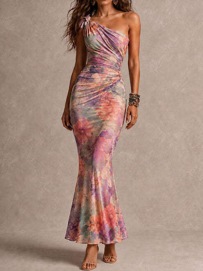 Boho Romantic Floral One-Shoulder Ruched Mermaid Dress