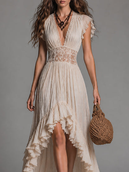 Boho Ruffle-Sleeve Lace-Trimmed High-Low Hem Maxi Dress