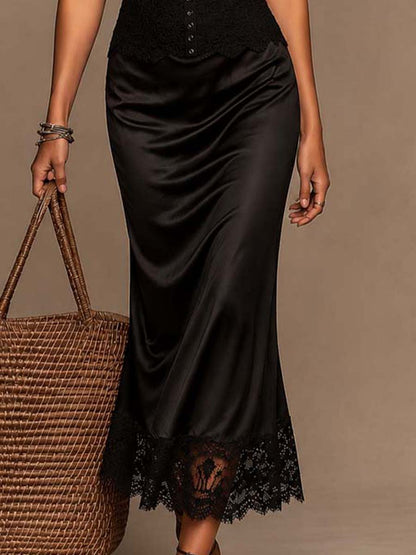 Vintage Lace Cami Spliced Satin Lace Hem Midi Dress