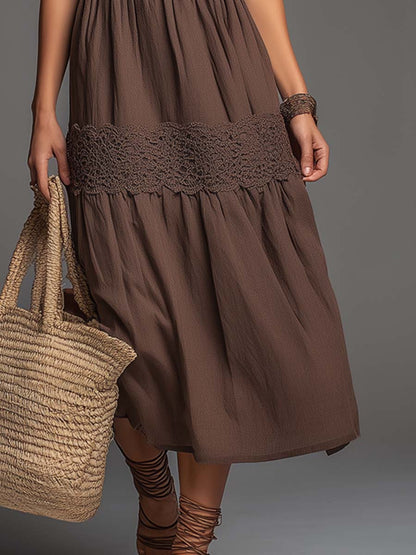 Vintage Square-Neck Lace Panel Spaghetti Straps Midi Dress