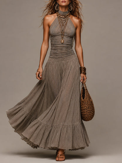 Halter-neck Striped Tank Top & Ruffled-hem Maxi Skirt Set