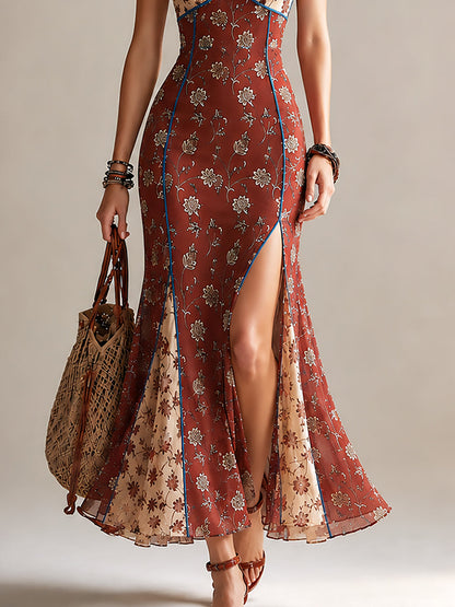 Elegant Printed Chiffon High-slit Mermaid Camisole Maxi Dress