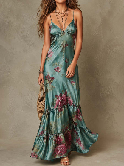 Vintage Floral Satin Cami Tiered Ruffle Maxi Dress