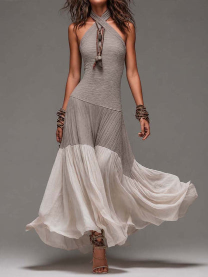 Vintage Boho Crinkle Cotton Halter Cross-Neck Maxi Dress