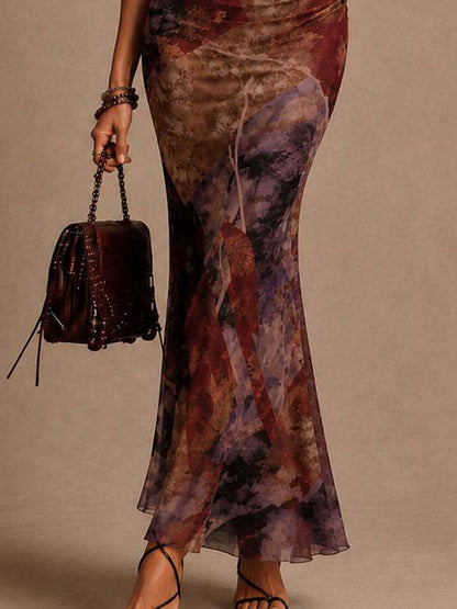 Off Shoulder Vintage Floral Mesh Ruched Mermaid Maxi Dress
