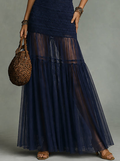 Boho-style Halter-neck Smocking Mesh Paneling Maxi Dress