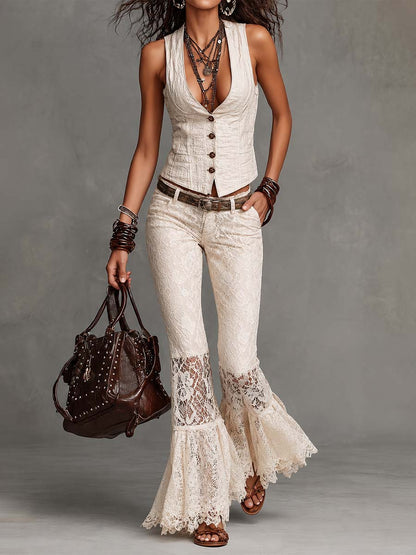 Crinkled Cotton Button-front Vest And Lace Slight-flare Trousers Set