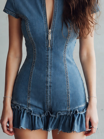 Boho-style Front Zipper Washed Denim Mini Dress With Ruffled Hem