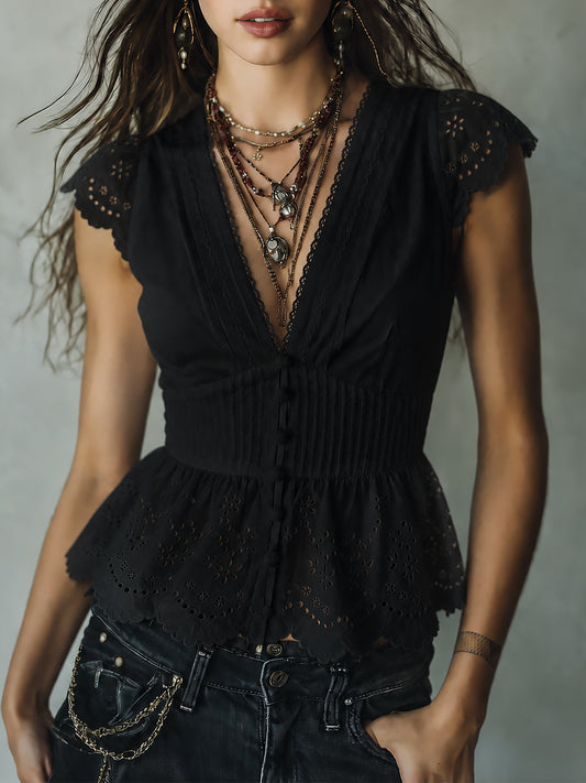 Vintage Cutwork Embroidery  Blouse With Ruffled Hem