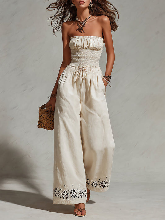 Smocked Strapless Cut-Out Embroidered Wide-Leg Jumpsuit