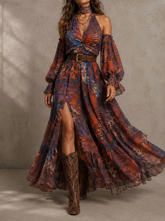 Boho Cold-Shoulder Halter Neck Abstract Print Chiffon Maxi Dress