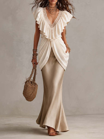 V Neck Ruffle Lace Trim Draped Overlay Satin Mermaid Maxi Dress