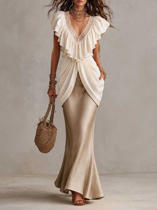 V Neck Ruffle Lace Trim Draped Overlay Satin Mermaid Maxi Dress