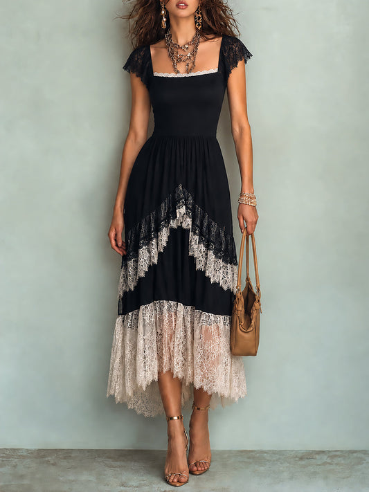 Vintage-style Color-block Short-sleeve Maxi Dress With Lace Trim