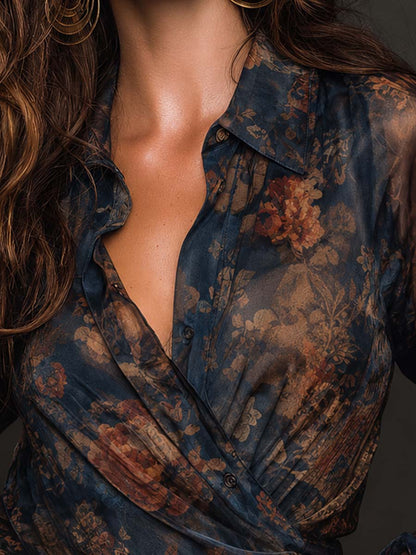 Elegant Collared Wrap-style Vintage Floral Sheer Blouse