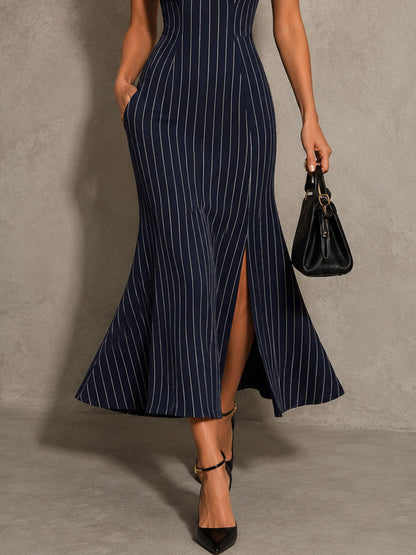 Retro Elegant Navy Pinstripe Slit Midi Dress