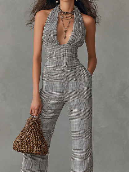 Quiet Luxury Plaid Straight-Leg Halter Jumpsuit