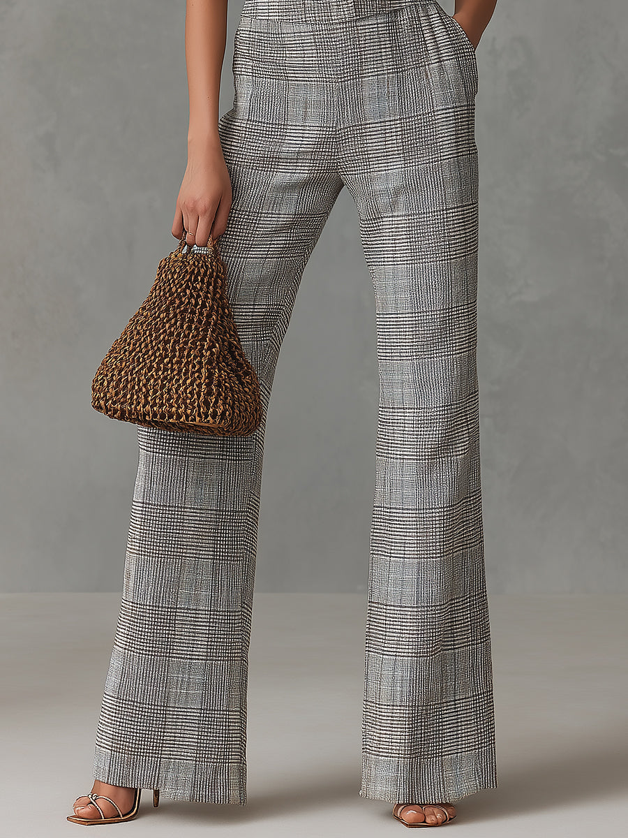 Quiet Luxury Plaid Straight-Leg Halter Jumpsuit