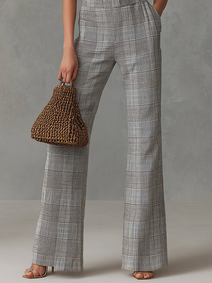 Quiet Luxury Plaid Straight-Leg Halter Jumpsuit