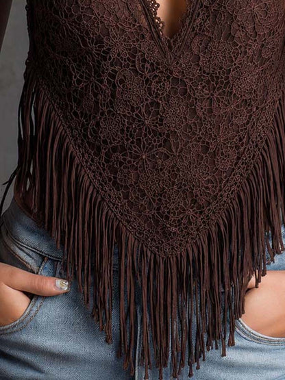 Boho Halter V Neck Lace Fringe Hem Sleeveless Crop Top