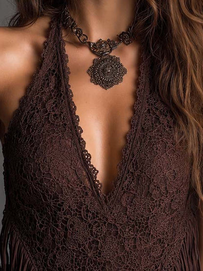 Boho Halter V Neck Lace Fringe Hem Sleeveless Crop Top