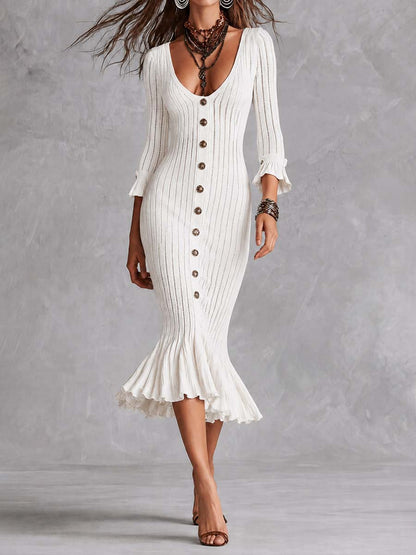 Elegant V Neck Button Front Ribbed Knit Ruffle Cuff Mermaid Midi Dress