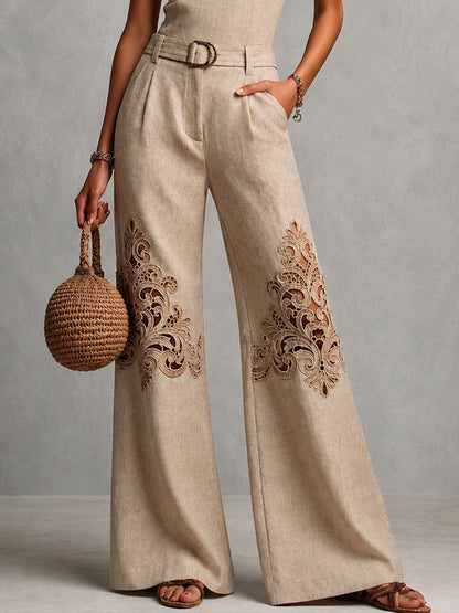 Boho Resort Beige Cutwork Embroidery Halter Belted Wide-Leg Jumpsuit