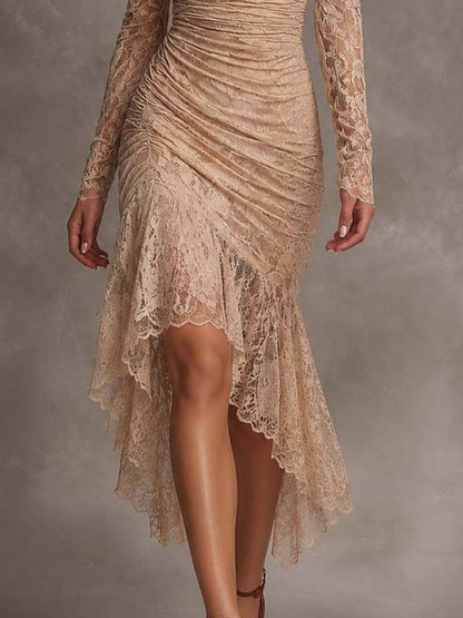 Romantic Bohemian One Shoulder Long Sleeve Lace Ruched High Low Midi Dress
