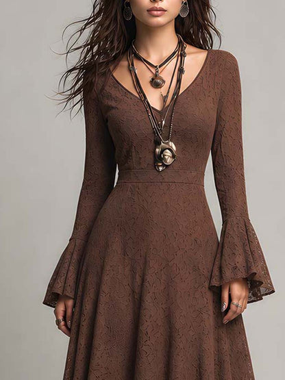 Retro Flare Cuffs Lace Fabric Midi Dress