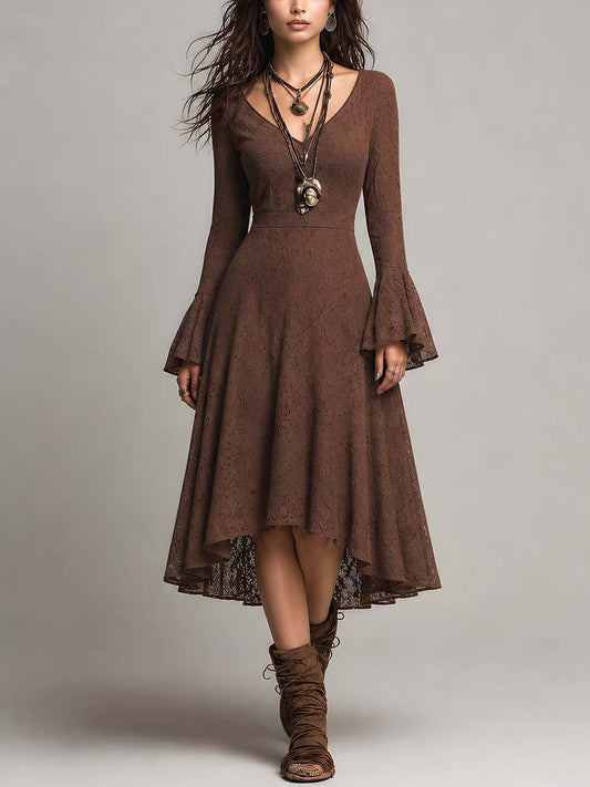 Retro Flare Cuffs Lace Fabric Midi Dress