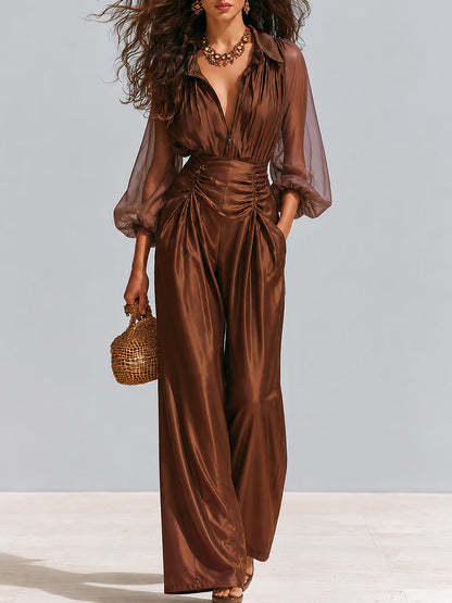 Boho Chiffon Lantern-sleeve Blouse & Pleated Wide-leg Pants Set
