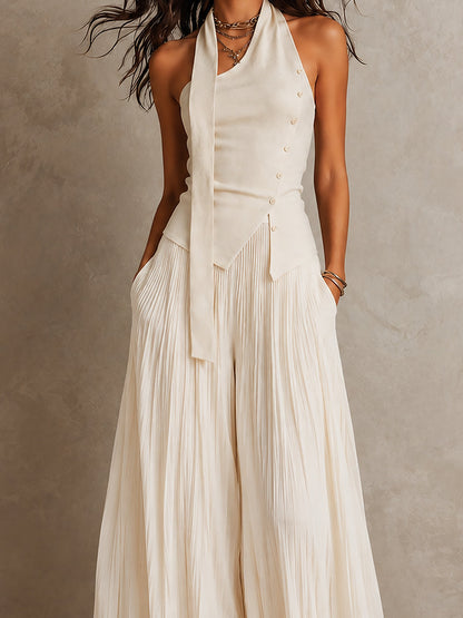 Chic Halter-neck Asymmetric Hem Top & Crinkled Chiffon Wide-leg Pants Set