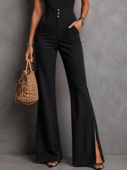 Retro Elegant Black Pinstripe Lace Panel Flare Leg Jumpsuit
