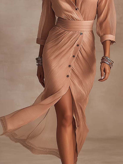 Refined Casual Tencel-Linen Blend Wrap Shirt Midi Dress