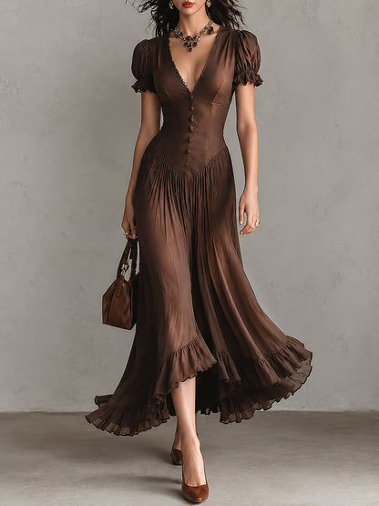 Elegant Tencel Puff-sleeve Maxi Dress With A Ruffled Hem