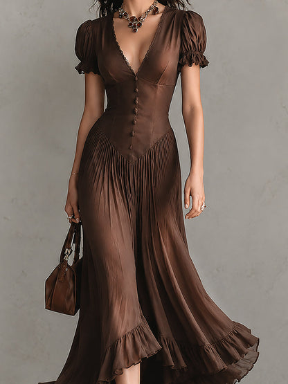 Elegant Tencel Puff-sleeve Maxi Dress With A Ruffled Hem