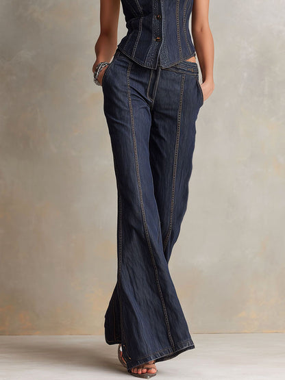 Retro Dark Denim Corset Top & High-Waisted Flared Pants Two-Piece Set