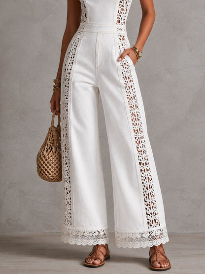 Boho White Denim Square Neck Crochet Lace Wide Legs Jumpsuit