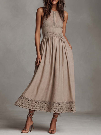 Boho Lace Linen Sleeveless Midi Dress