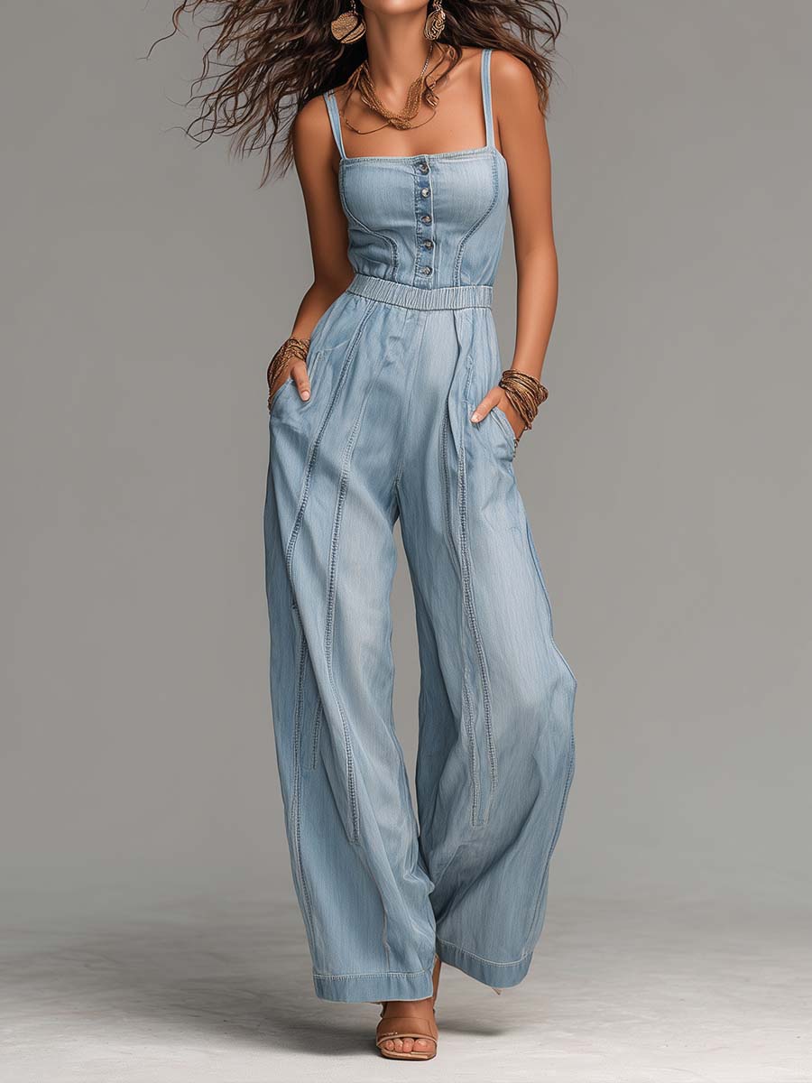 Boho Spaghetti Strap Denim Wide Leg Jumpsuit