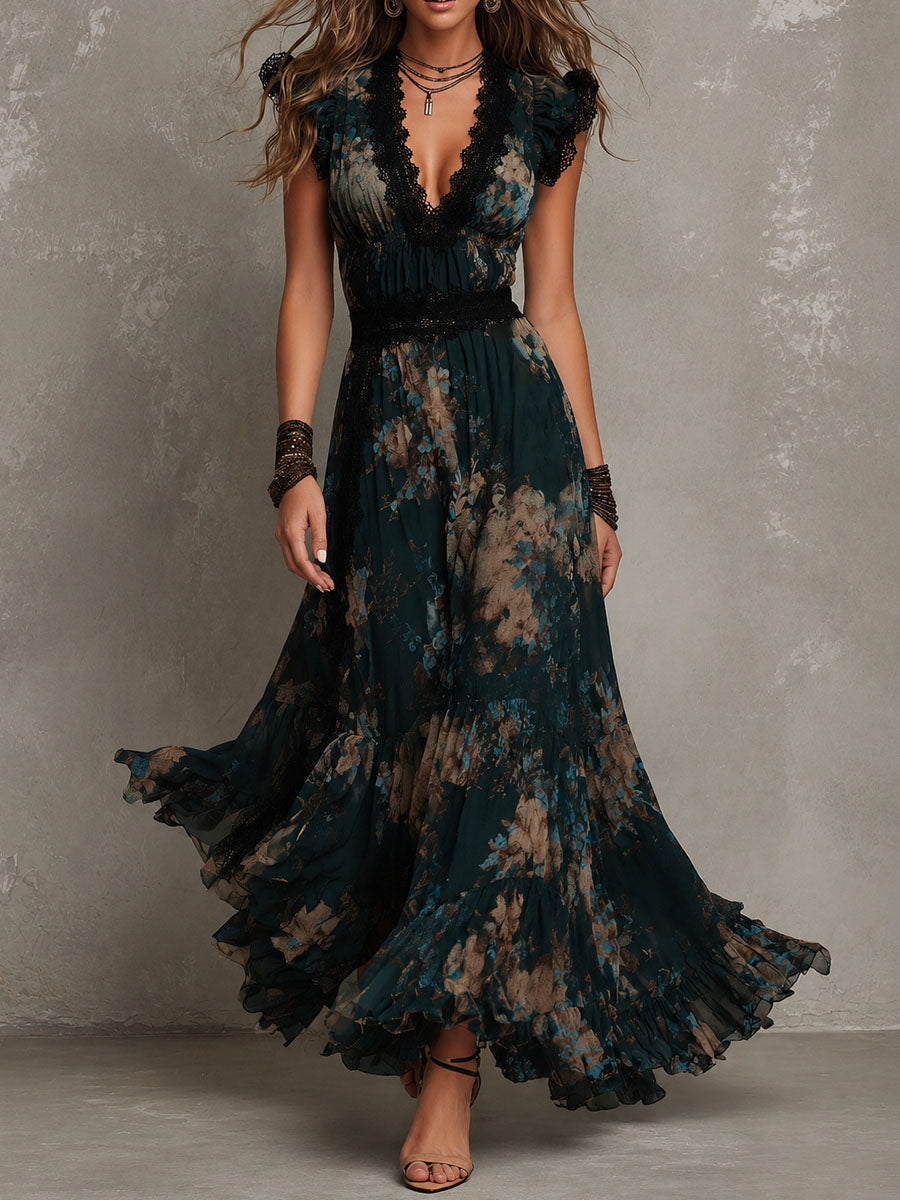 Vacation Boho Dark Floral Chiffon Maxi Dress With Lace Trim