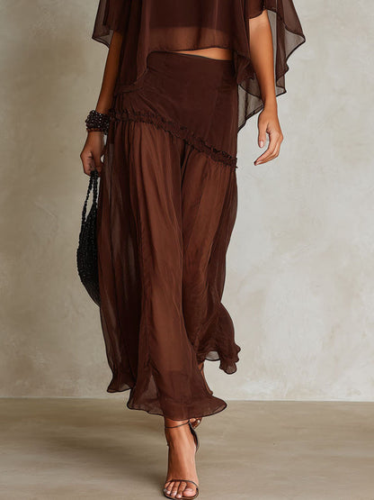 Boho Chocolate Brown Chiffon Sheer Cape Blouse & Wide Leg Pants Two-Piece Set
