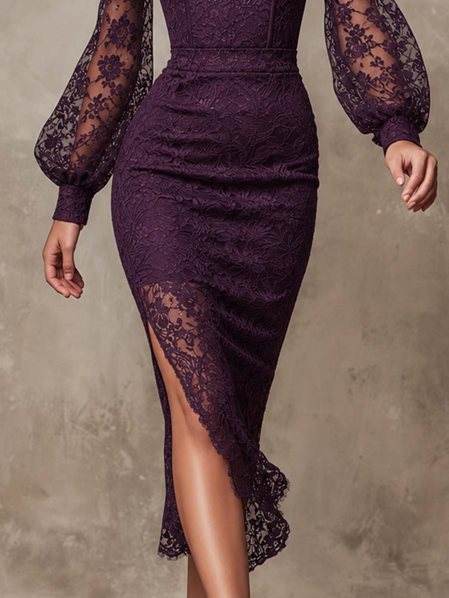 Elegant Square Neck Puff Sleeve Slit Lace Midi Dress